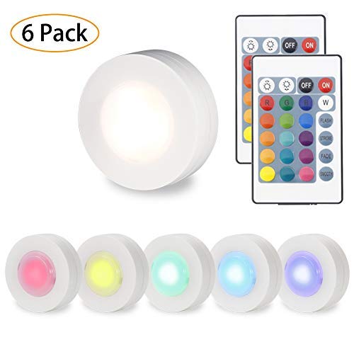 LUNSY RGB Puck Light, Color Changing Under Cabinet Lighting, Wireless Under Counter Shelf RGBW Closet Lighting for Bedroom Hallway Cabinet Wardrobe, 16 Colors, 4 Modes - 6 Pack