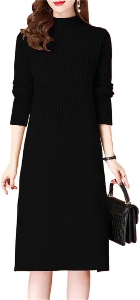 LIXINGHEITANG Turtleneck Long Sleeve Knitwear Middle-Long Dress Autumn Winter Warm Knitted Sweater Women