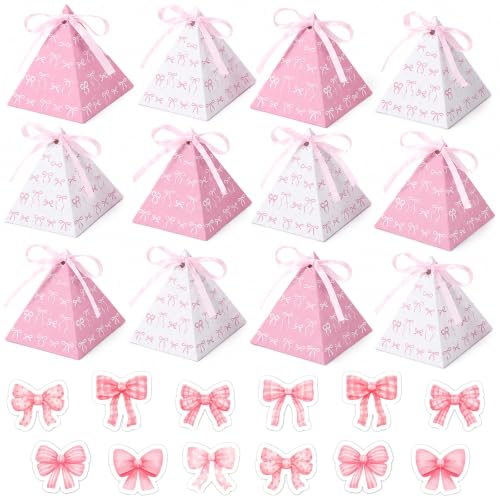 RhiVrillion 12 Boîtes Dragées Triangle (6 Roses, 6 Blanches) avec Rubans et Autocollants - Mini Boîte à Dragées pour Baptême Fille, Mariage, Anniversaire, Enterrement Vie de Jeune Fille