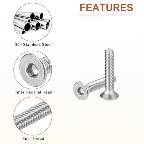 Image of DTGN M3-0.5 x 16mm Flat Head Socket Cap Screws, 100 Pack 304 Stainless Steel Hex Socket Flat Head Screws, Full Thread, Countersunk Bolts