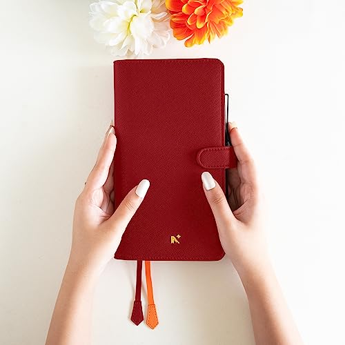 Image of NEORAH- PETITE Notebook SLEEVE with SNAP Button -[SLEEVE ONLY]|Vegan Leather|Office Diary Holder with Penloop|2 Front & 1 Back Pocket|4 Card Slots|2 BookMarks -Fits any PETITE Softcover - RED