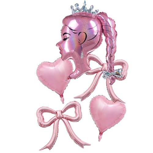 Image of Princess Pink Foil Balloon Set - 5pcs Pink Bow Balloons, Crown Girl Doll Foil, and Heart Balloons For Makeup, Girl Birthday, Tea Party, Coquette Photo Booth, Ballerina Backdrop