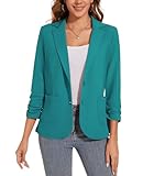 Merkmale: Trendiger lässiger Blazer für Damen mit gerüschten 3/4-Ärmeln, Stretch-Stoff, Revers, 2-Knopf-Verschluss, Frontfutter, zwei Seitentaschen, schmale Passform.