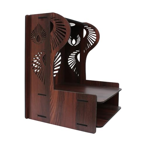 Image of Olive Tree Ethnic Wooden Pooja Mandir for Home Handcrafted Puja Stand | Wall Mounted with LED Spot Light | Mandapam, Pooja Ghar, Temple Office Decor - Walnut Size 12X12X16 Inch 1006
