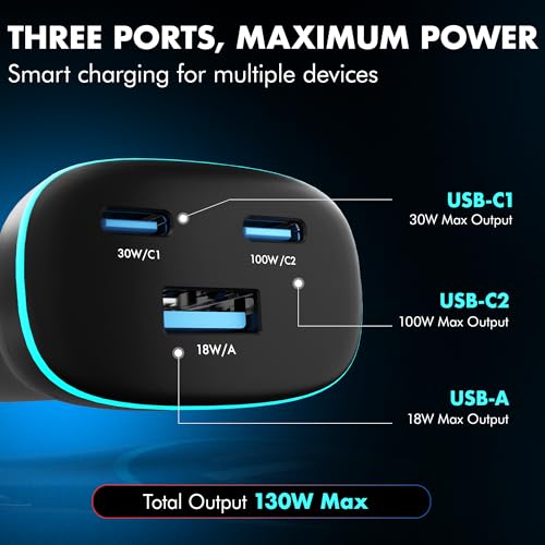 Image of PD 130W Superfast Charging 2.0 Car Charger, with 2XType C & USB-A, PPS & QC 3.0, Triple Port (100W + 30W + 18W), 12V-24V Compatible, Multi-Layer Protection, 2-Years Manufacturer Warranty