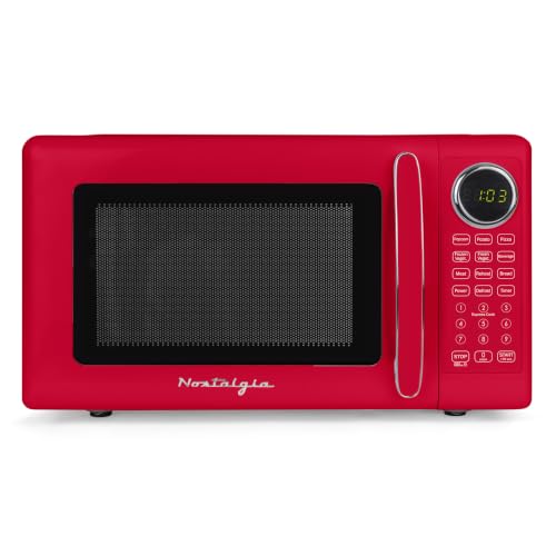 Image of Nostalgia Modern Retro Compact Countertop Microwave Oven - 0.7 Cu. Ft. - 700-Watts with LED Digital Display - Child Lock - Easy Clean Interior - Red