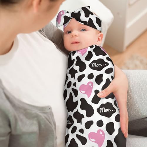 Image of Cow Print Pink Heart Baby Stuff Swaddle Blanket Wrap Baby Newborn Blanket Soft Sleep Sack Stretchy with Headband Hat Set Gift for Infant Boy Girl