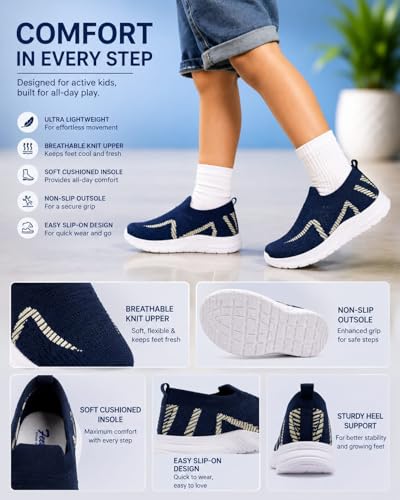 Image of Kids Navy Blue Knit Slip-On Sneakers for Boys | Lightweight Breathable Casual Walking Shoes with Geometric Pattern & Cushioned Sole