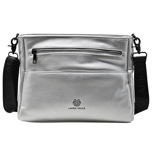 Laura Valle Bolso Bandolera Mujer Mediano MICHELLE de Piel Sintética, Bolso Mujer Bandolera Mediano para Trabajo y Diario - Bandolera Mujer con Compartimentos, Diseño Moderno (Plata)