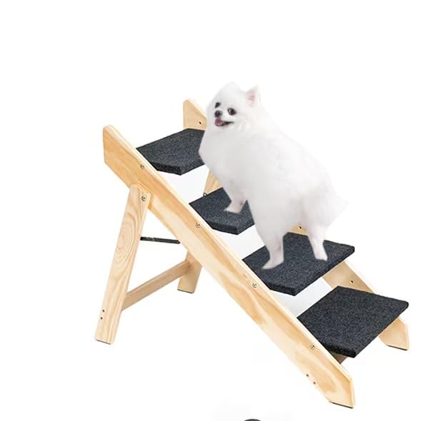 ChicFurnit Wooden Dog Stairs, 4-Level Wooden Pet Steps, Foldable Pet Ladder for High Bed Couch Cars, Non-Slip Pet Stairs for Small Large Medium Dogs
