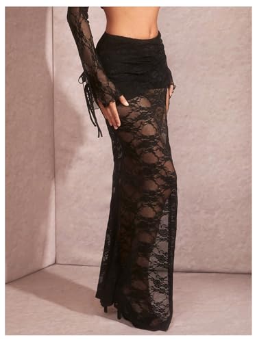 Verdusa Women's Floral Lace Long Skirt with Slit Sheer Low Rise Maxi Rave Flare Skirt4