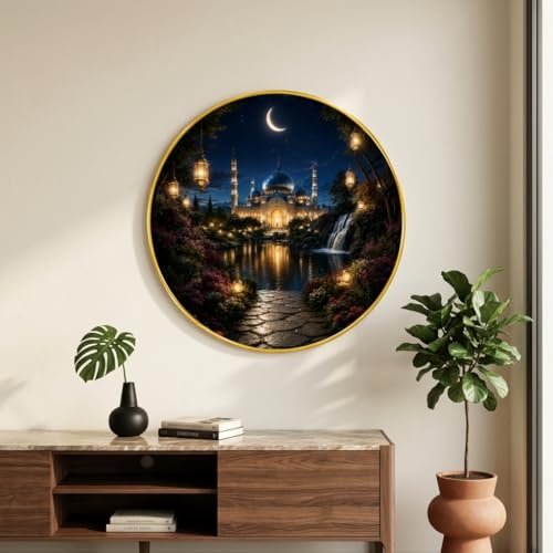 Image of SAF Islamic Mosque Night View Round Wall Painting with Premium PVC Golden Frame, Crescent Moon Garden Waterfall Art, Muslim Home Decor for Living Room Prayer Room (23 x 23 Inch) GR-427