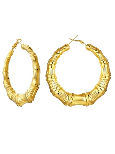 60mm Bamboo Hoop Earrings Simple 18K Gold Plated Lightweight Door Knocker Bamboo Earrings for Women 90s Party
