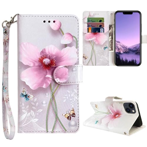 JanCalm for iPhone 13 Wallet Case,for iPhone 14 Wallet Case,Floral Pattern PU Leather Cute Flip Cover Women Girl [Wrist Strap][Card Cash Slots][Kickstand] (Pearl Flower)