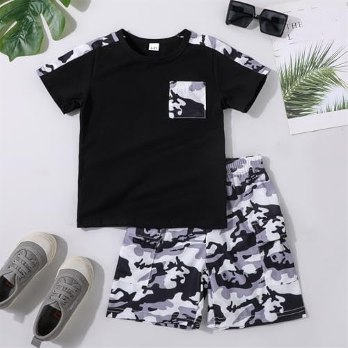 Image of Ayzozuy Boy Clothes Colorblock Top + Drawstring Waist Shorts 2 Pieces Kid Summer Outfits Set