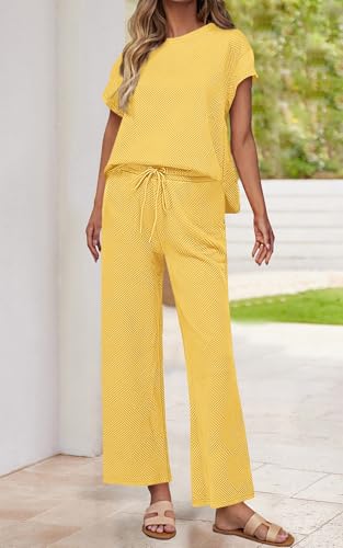 Image of PRETTYGARDEN 2 Piece Outfits For Women Casual Tracksuit Short Sleeve Tops And Wide Leg Long Pants Matching Lounge Sets