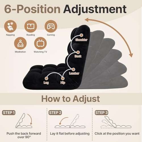 Image of HOPERAN Floor Chair with Back Support, 6-Poistion Adjustable Floor Gaming Chair for Adults, Padded Reclining Floor Chair, Folding Floor Chairs for Meditation, Sleeping, Reading, Gaming, Black