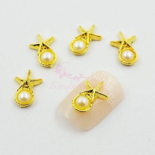 100PCS/LOT 12X8MM Gold Plated Starfish Faux Pearl Beads 3D Alloy Metal Decorations Nail Art Phone Case DIY Design Accessories