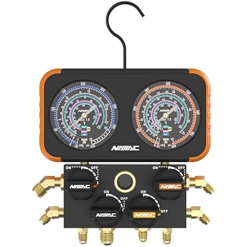 NAVAC N4A4H 4-Valve HVAC Manifold Gauge with Hoses - Class 1.0 Accuracy