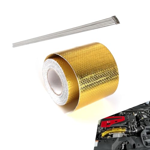 lekiliky Adhesive Backed Heat Shield Wrap Roll, 2 " x 29.5 Ft Carbon Fiber Heat Shield Reflective Tape Wrap Roll, Self-Adhesive Insulation Film with 6 Fixing Straps, for Most Cars (Yellow)
