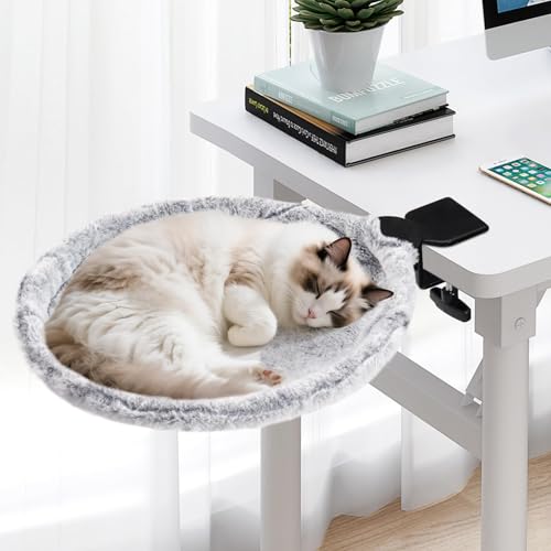 Uross Cat Desk Bed - 180 Rotating Soft & Comfortable Rabbit Fur Bed Modern Indoor Cat Nest Furniture for Office Desks and Game Tables Island Table-Supports 50 lbs-(Lightgrey)