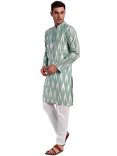 Image of SKAVIJ Men's Pure Cotton Printed Kurta Pajama Set Ikat Design Casual Ethnic Dress