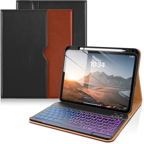 Image of DTTO for iPad 11th (A16) / 10th Generation Case with Keyboard (2025 /2022), 7 Colors Backlit Wireless Detachable Keyboard Leather Folio Cover with Pencil Holder & Pocket, Black Brown