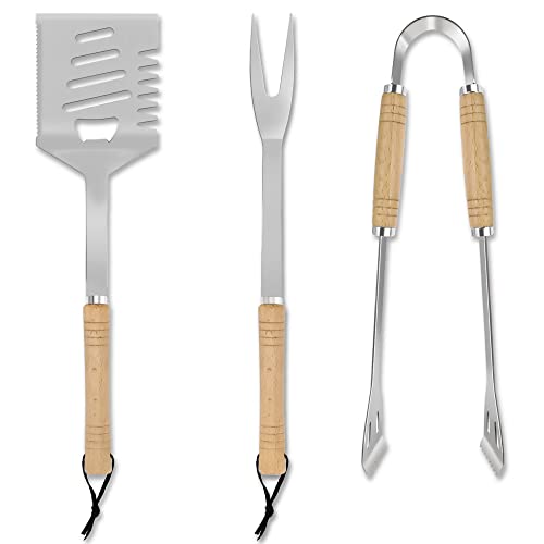 TNTOR 3 teilig BBQ Grillbesteck Set, Barbecue Tool Set mit Grillzange, 4 in1 Spatula（Pfannenwender, Schaber, Fleischsäge, Flaschenöffner），Fleischgabel, aus...