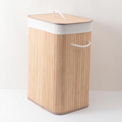 Image of Kuber Industries 72 Ltr Rectangular Bamboo Laundry Basket For Clothes With Lid | Washing Clothes Storage Bag & Laundry Box - Light Brown