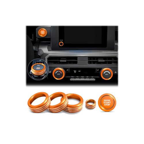 Image of for Toyota Tacoma 2024-2026 & 4Runner 2025-2026, 8-Inch Screen Aluminum Alloy Knob Cover Trim - Fits Push Start, AC, Volume & 4WD Gear Switch (Orange, 6-Piece Set)