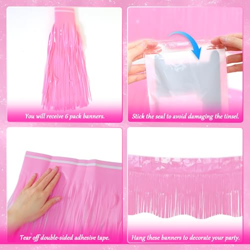 Image of LOLStar Macaron Pink Foil Fringe Tinsel Garland Streamers Banner, 6 Pack | 60Ft Tinsel Streamers, Macaron Pink Tinsel Fringe Banners for Wedding, Gender Reveal, Bachelorette, Birthday Party Decor