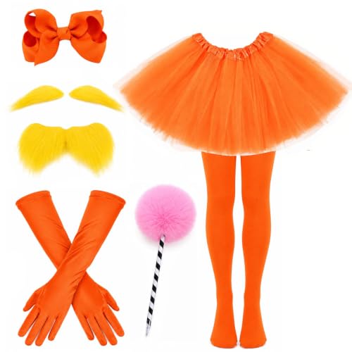 Kavoc Halloween Orange Elfin Costume Include Orange Tutu Skirt Gloves Socks Hairpin and Yellow Self Adhesive Mustache Eyebrows Set for Halloween Party Dress Up Supplies