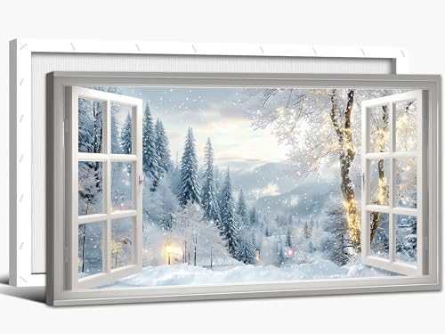 KVTM Winter Window Framed Wall Art, Rustic Snowy Christmas Pictures