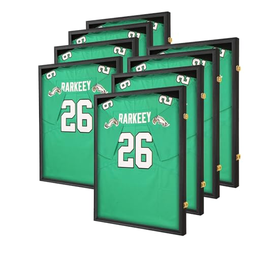 Image of Jersey Frame Display Case 8-Pack, Goazhpon Large Lockable T-Shirt Shadow Box with Gold Locks and Black Lining, UV Protection Acrylic and Hangers for Football Basketball Baseball Soccer Hockey, Black