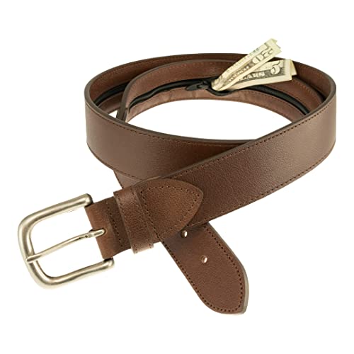 Sandpoint Leather Tab Money Belt with Extra Spacious Zipper Pocket (Brown, 34)