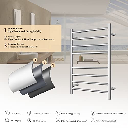 Sharndy Towel Warmer Brushed Nickel For Bathroom Wall Mounted Drying Rack Plug-In Electric Heated Towel Rack Stainless Steel Round 8 Bars Bath Towel Heater Etw44-2 70W 27.56X19.69X4.41 Inches #TOP3