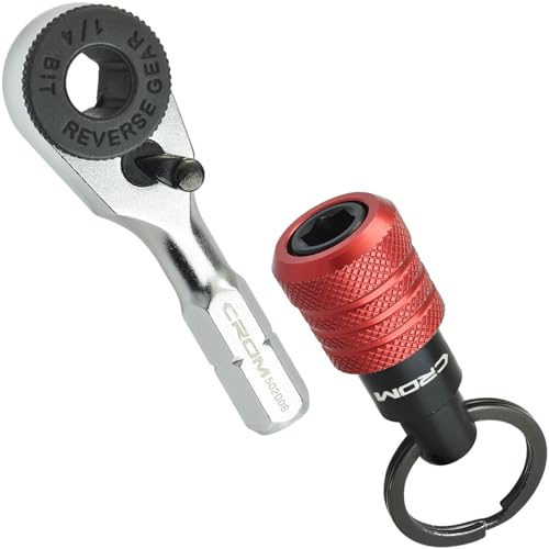 CROM EDC Mini Ratchet Wrench 1/4-Inch Hex End Multitool Accessory with Bit Holder Compatible with other 1/4 drivers (Ratchet w/Bit Holder)
