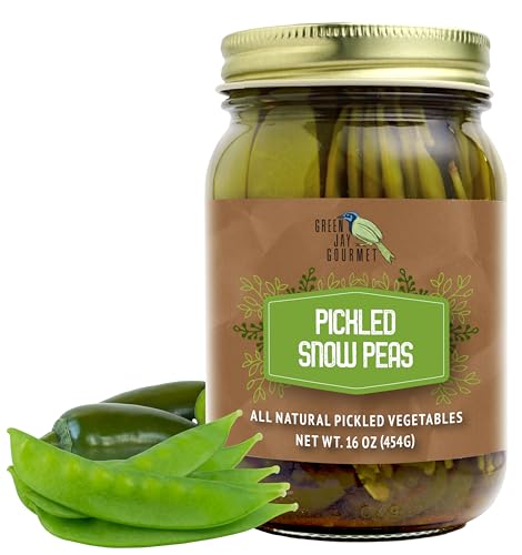 Green Jay Gourmet Pickled Snow Peas in a Jar - Fresh Hand Jarred Vegetables for Cooking &amp; Pantry – Home Grown Pre-Prepared Pickled Green Beans – Simple Natural Ingredients - 16 Ounce Jar