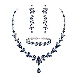 EVER FAITH Schmuckset Österreichisches Kristall Braut Schmuck-Set, Elegante Marquise Strass Blatt Halskette mit baumelnden Ohrringen Tennis-Armband-Set, Saphirblau Silber-Ton