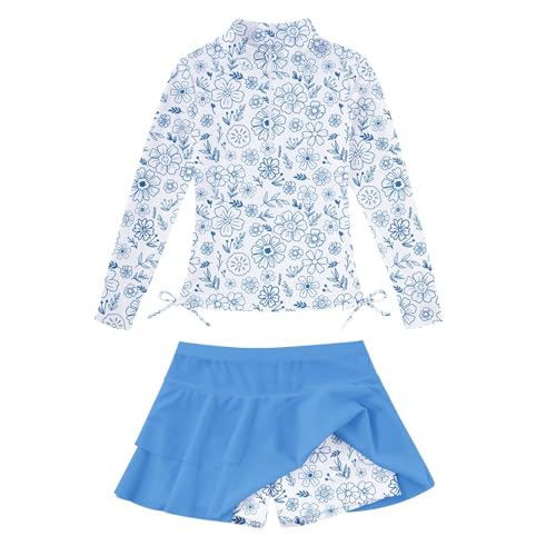 Image of Vogseek 3-12T Girls Rash Guard 2 Pieces Bathing Suit Long Sleeve Swimsuit Swimming Skirt with Shorts Swimwear