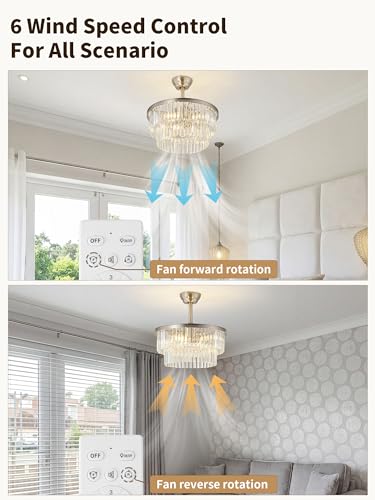 Image of 20 inch Silver Crystal Fandelier Ceiling Fans with Lights, Caged Silver Crystal Chandelier Ceiling Fan with Light Remote Control with 6 Speeds for Bedroom, Nursery, Living Room