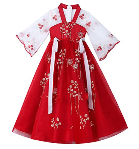 Quenny Girls' Hanfu Dress,Children's Summer Ancient Style Princess Dress,Long-Sleeved Chest-Length mesh Embroidered Skirts.