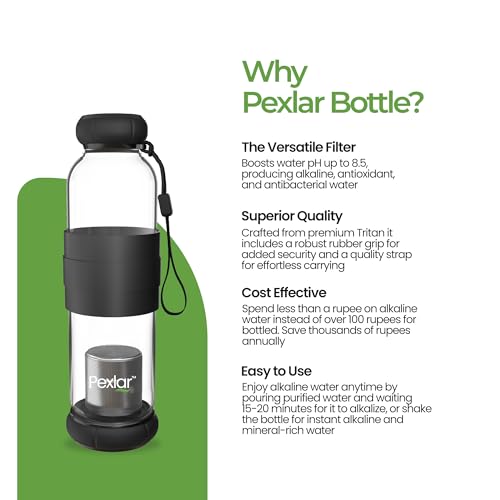 Image of Pexlar Alkaline Water Filter Bottle | Borosilicate Glass | Alkaline Water Generator | Filter Water Bottle | Water Bottle with Filter inside - Black - 500 ml