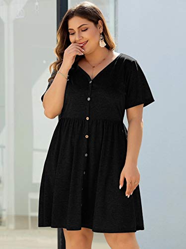 Milumia Women's Plus Size A Line V Neck Button Front Short Sleeve Flared Dress A Black Xx-Large Plus #TOP4
