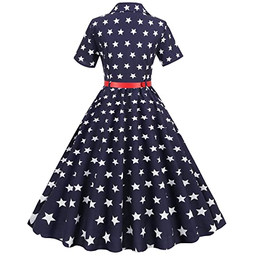 Women Notch Lapel Vintage V-Neck Cocktail Swing Dress 4Th Of July Dress American Flag Dress Memorial Day Clothes Patriotic Independence Day Dress Star Print Usa Flag Dress Belt Navy Blue-Stars Xxl #TOP2