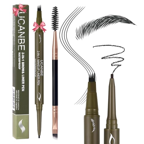 UCANBE Eyebrow Pencils for Women with Spoolie Brush, Dual-Ended Eyebrow Pen with 4-Fork-Tip & Gel Eyeliner, Microblading Brow Pen with Eyeliner Pencil + Brow Brush for Hair Like Brows, Soft Black