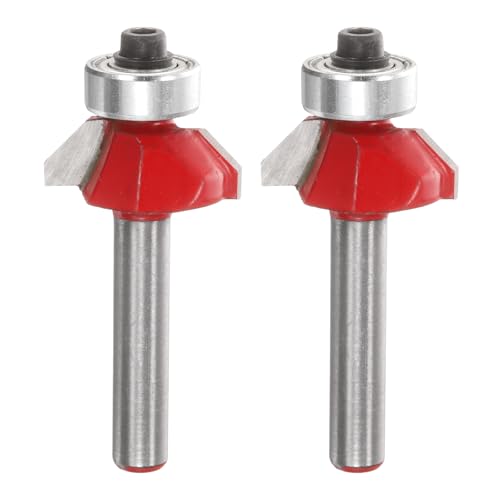 Image of HARFINGTON 2pcs 45 Degree Chamfer Router Bit 1 /4 Inch Shank 0.3 inch Cutting Length Carbide Tip with Bearing for Woodworking Milling Cutter Tool, Red