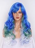 NJJYXH 24 Inches Colorful Wigs for Women Long Blue Wavy Wig with Bangs Synthetic Natural Rainbow Wig for Cosplay,Halloween,Daily Use