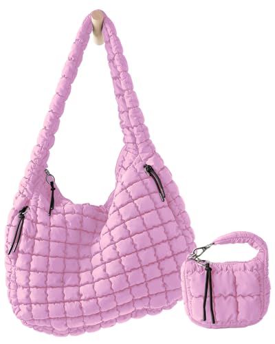 Image of Large Quilted Puffer Tote Bag for Women with Mini Pouch Puffy Crossbody Bags Purse Hobo Puff Shoulder Carryall Gym Travel