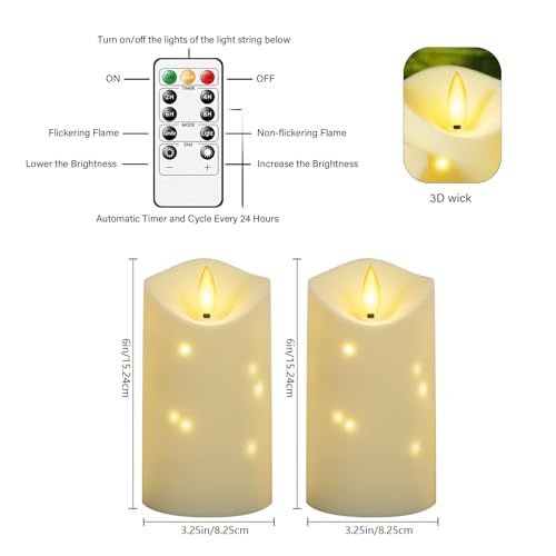Image of kakoya Outdoor Waterproof Flickering Flameless Candles with Embedded Star String,2Pcs LED Pillar Candles Battery Operated with Remote and Timers for Courtyard,Porch,Camping,Holiday Decoration(Ivory)